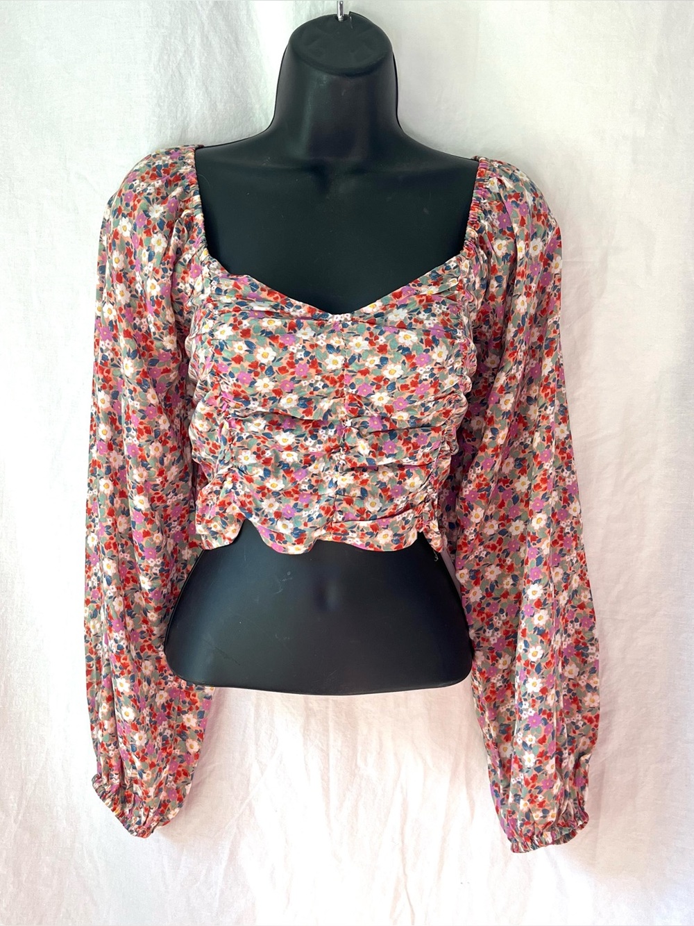 Billabong The Salty Blonde Free Love Crop Top Ruched Floral Puff Sleeve MEDIUM